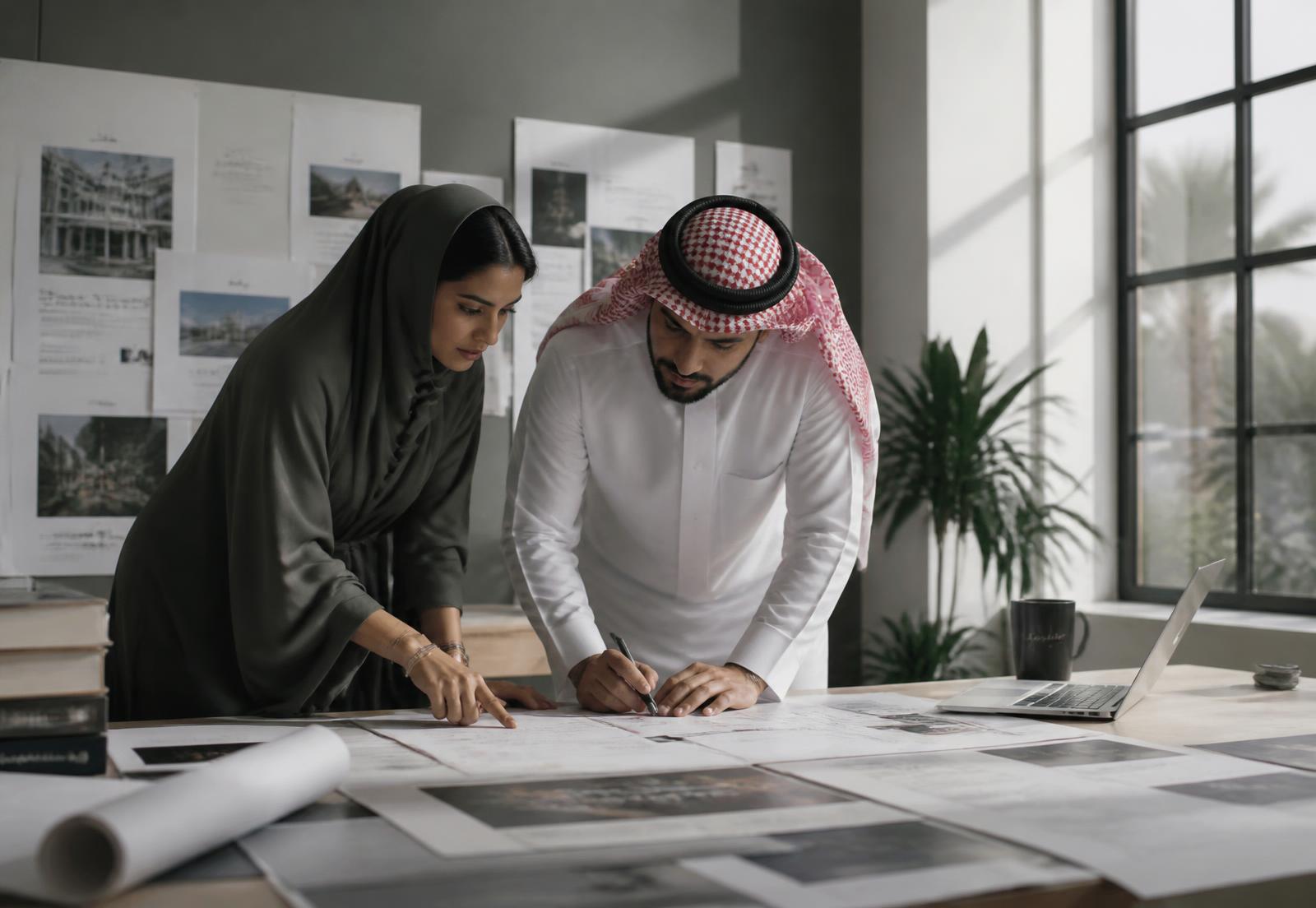 Saudi strategists reviewing printed research in a Riyadh studio