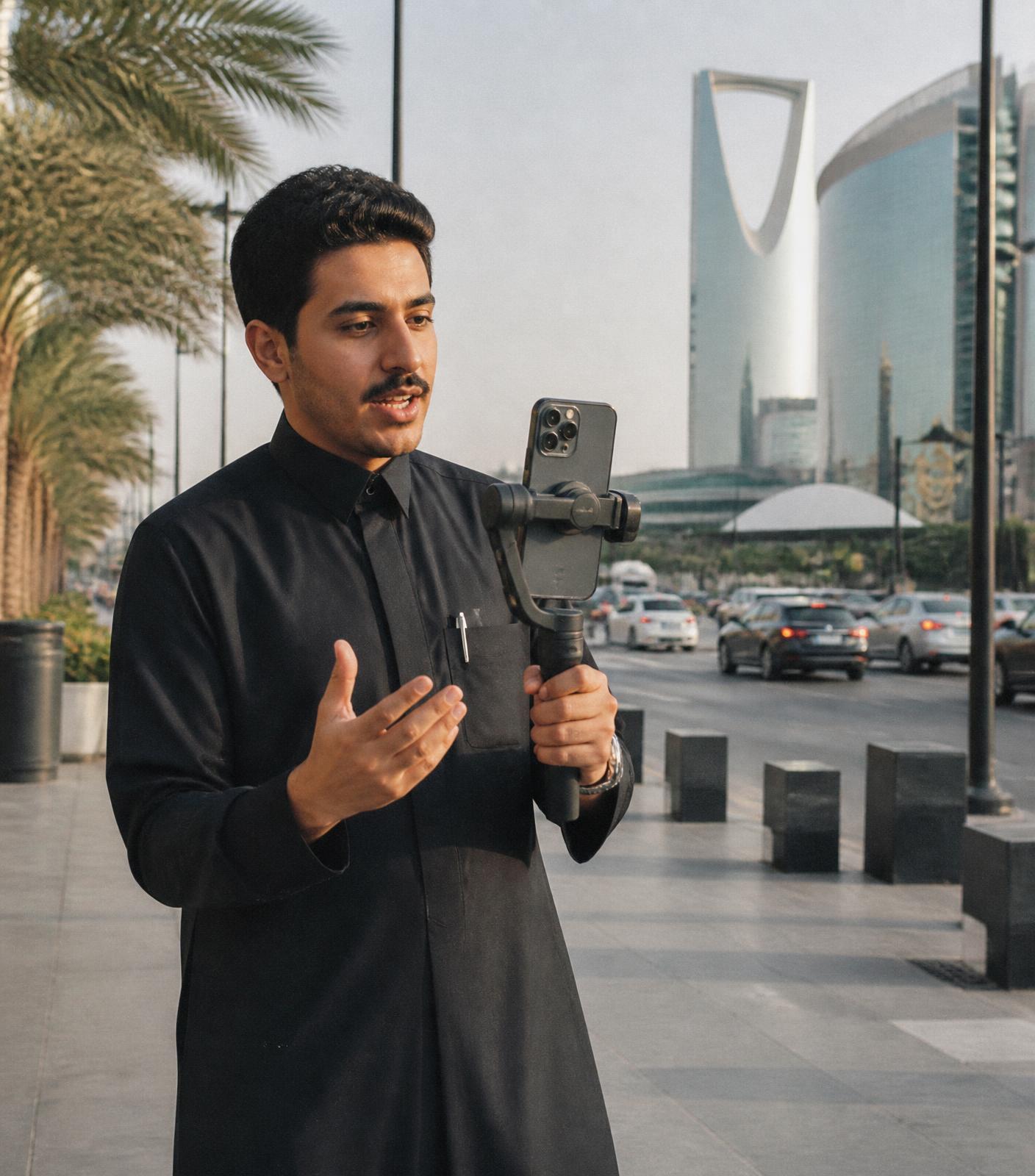 Saudi creator recording content on a Riyadh street